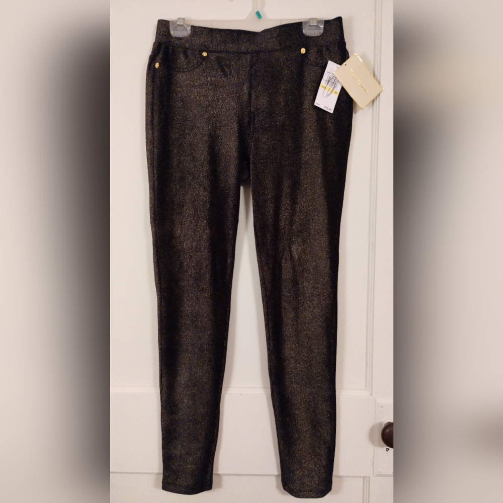 NWT Michael Kors Women's Medium Stretchy Pull On Pants, Black With Gold Sparkle